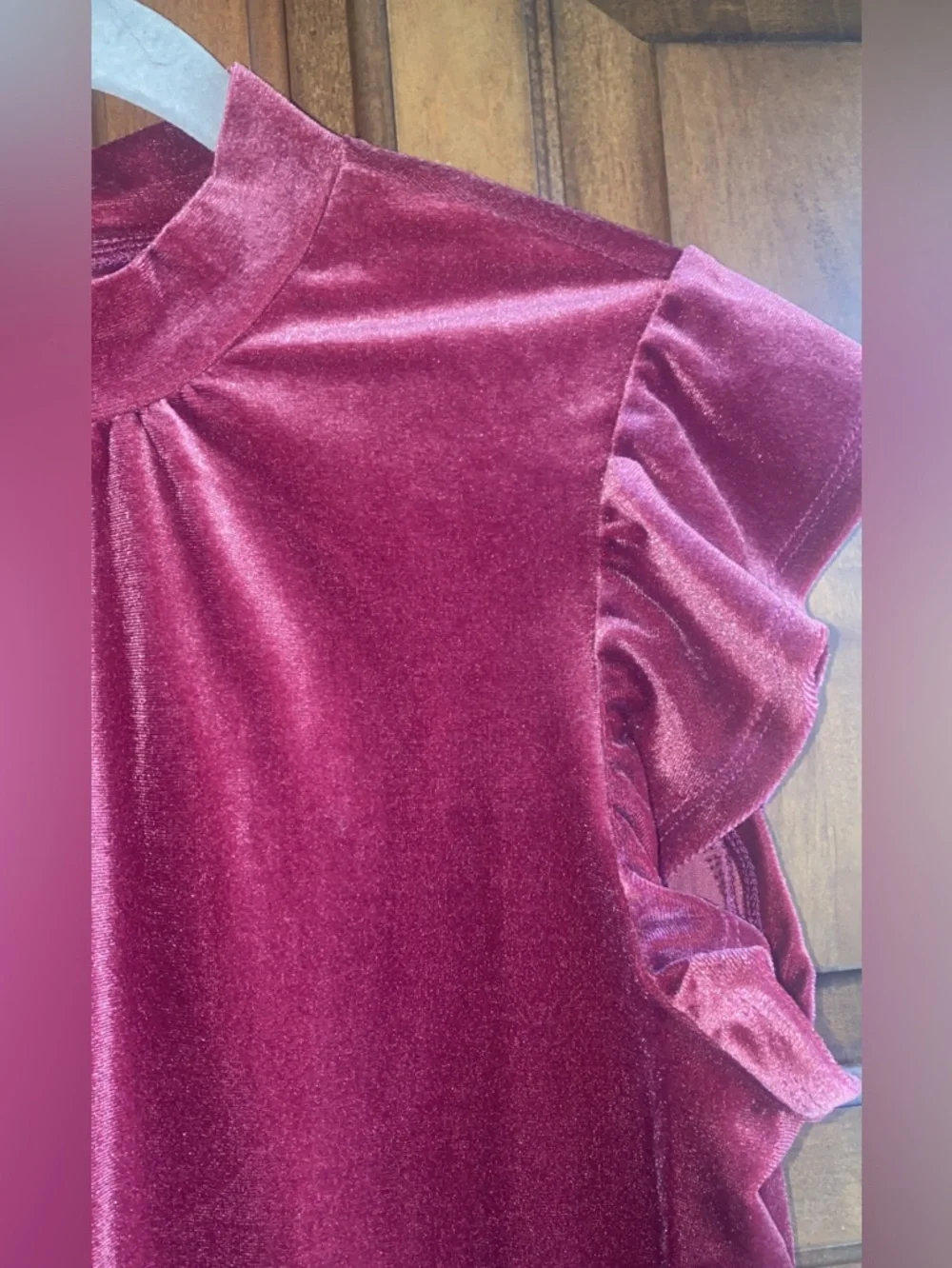 OLIVE + OAK Burgundy Velvet Mock Neck Ruffle Sleeve Blouse Women's S - Picture 3 of 5